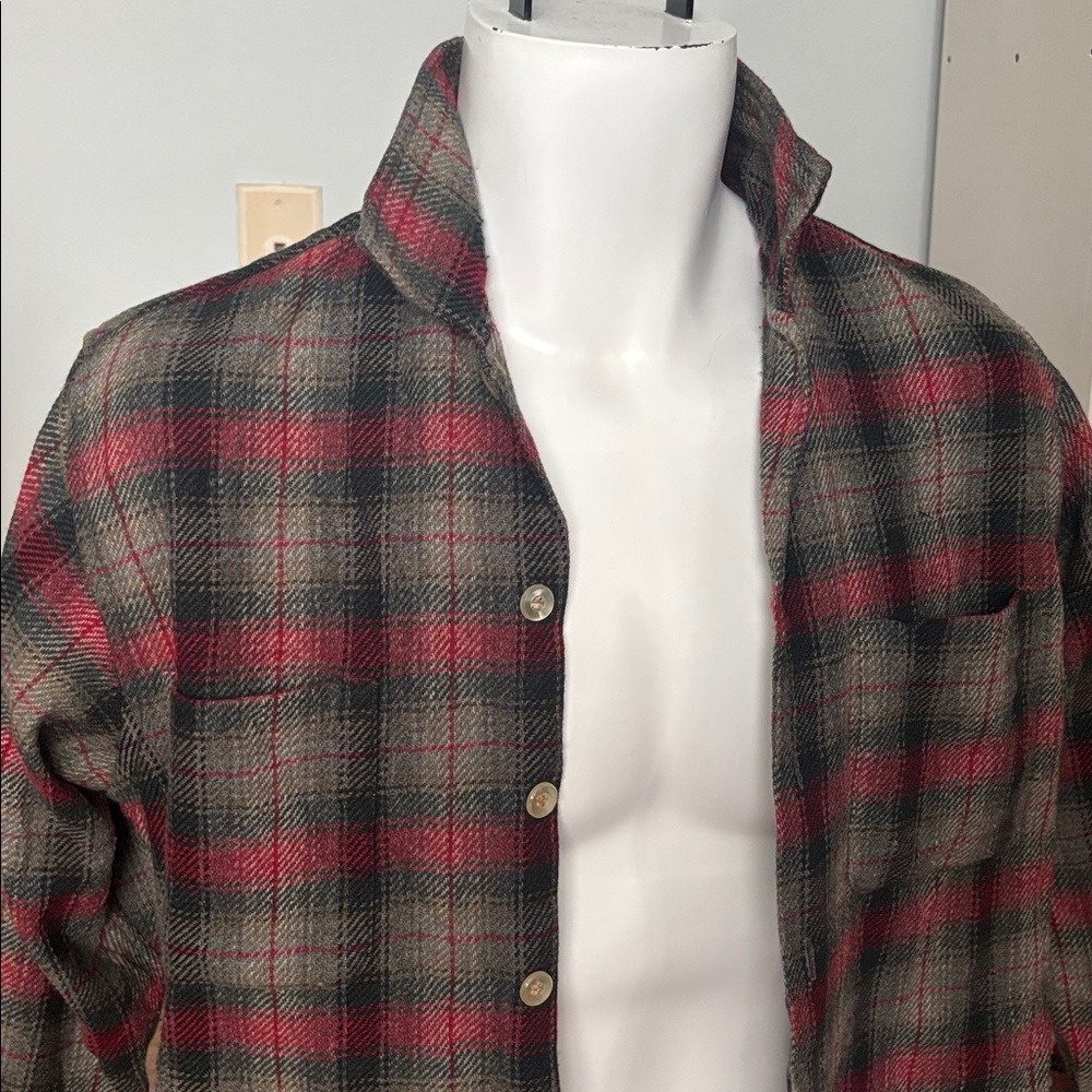 VINTAGE 60s Puritan Washable Wool Plaid Flannel Shirt M Red Gray Rockabilly - Picture 5 of 8